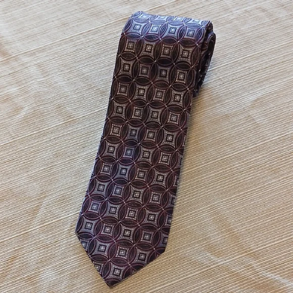 PRONTO• UOMO Couture Geometric Patterned Tie - Burgundy/Blue/Grey - Picture 1 of 6